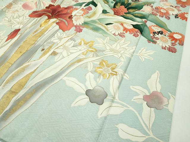 平和屋本店■極上　アンティーク　振袖　駒刺繍　草花文　金彩　逸品　CZAA1132s5