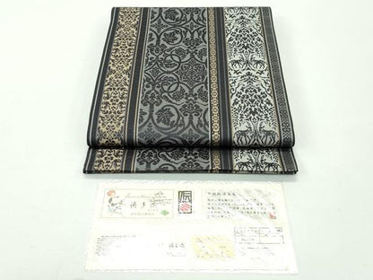 平和屋本店●極上 1897年創業 名門岡野 本場筑前博多織 千年工房 全通柄 本袋帯 総浮本袋 唐草木文錦 博多金ラベル 証紙付 逸品 CZAA1161s5