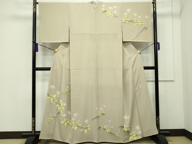 平和屋本店●極上 本加賀友禅作家 由水煌人 訪問着 草花文 枯色地 逸品 未使用 CZAA1255s5