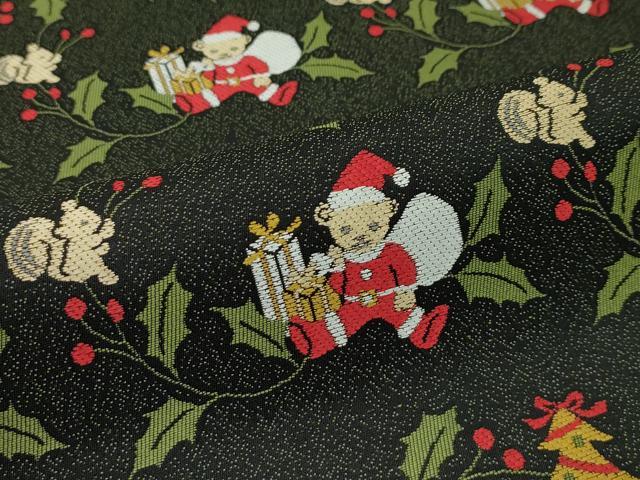 平和屋本店■極上 西陣の老舗 1782年創業 山下織物 六通柄袋帯 クリスマス サンタクロース クマ リス 柊 黒地 証紙付き 逸品 CZAA1271s5