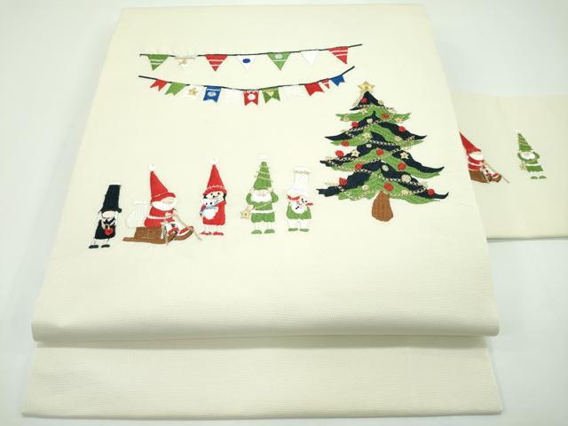 平和屋本店■極上　九寸名古屋帯　総刺繍　クリスマス　ツリー　サンタクロース　金糸　逸品　新品　CZAA1302s5