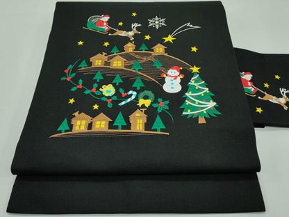 平和屋本店■極上 西陣 大光謹製 九寸名古屋帯 総刺繍 クリスマス サンタクロース 雪だるま 黒地 銀糸 証紙付き 逸品 新品 CZAA1303s5