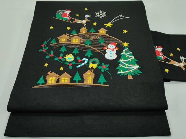 平和屋本店■極上 西陣 大光謹製 九寸名古屋帯 総刺繍 クリスマス サンタクロース 雪だるま 黒地 銀糸 証紙付き 逸品 新品 CZAA1303s5