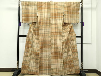 平和屋本店●希少 宗広ふきゑ 郡上紬 草木染 格子柄 証紙付き 逸品 CZAA1554s5