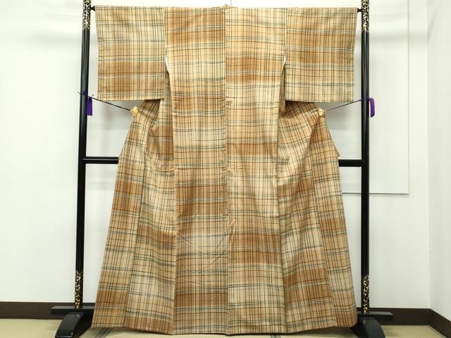 平和屋本店●希少 宗広ふきゑ 郡上紬 草木染 格子柄 証紙付き 逸品 CZAA1554s5