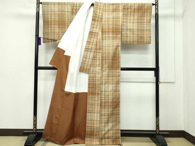 平和屋本店●希少 宗広ふきゑ 郡上紬 草木染 格子柄 証紙付き 逸品 CZAA1554s5