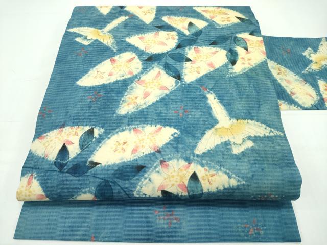 平和屋本店●超希少 型絵染染色家 鈴木紀絵 九寸名古屋帯 紬地 花鳥文 逸品 未使用 CZAA1587s5