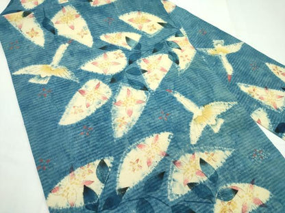 平和屋本店●超希少 型絵染染色家 鈴木紀絵 九寸名古屋帯 紬地 花鳥文 逸品 未使用 CZAA1587s5