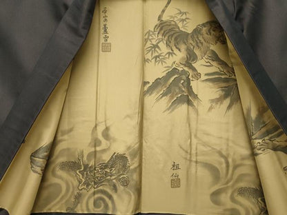 平和屋本店■極上　男性　長羽織　お召地　羽裏：龍・虎　逸品　CZAA1637s5