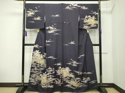 平和屋本店●極上 染匠 久保耕 訪問着 駒刺繍 風景文 金彩 黒紅色地 証紙付き 逸品 未使用 CZAA1726s5