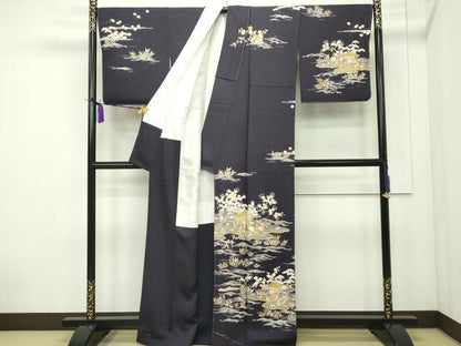 平和屋本店●極上 染匠 久保耕 訪問着 駒刺繍 風景文 金彩 黒紅色地 証紙付き 逸品 未使用 CZAA1726s5