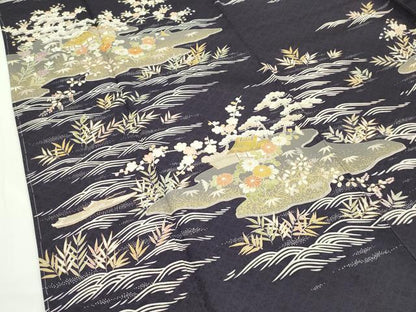 平和屋本店●極上 染匠 久保耕 訪問着 駒刺繍 風景文 金彩 黒紅色地 証紙付き 逸品 未使用 CZAA1726s5