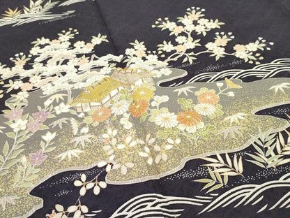 平和屋本店●極上 染匠 久保耕 訪問着 駒刺繍 風景文 金彩 黒紅色地 証紙付き 逸品 未使用 CZAA1726s5
