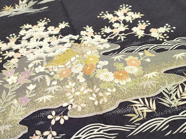 平和屋本店●極上 染匠 久保耕 訪問着 駒刺繍 風景文 金彩 黒紅色地 証紙付き 逸品 未使用 CZAA1726s5