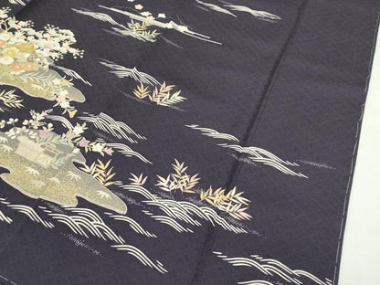 平和屋本店●極上 染匠 久保耕 訪問着 駒刺繍 風景文 金彩 黒紅色地 証紙付き 逸品 未使用 CZAA1726s5