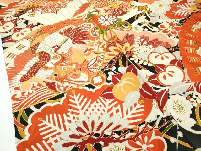 平和屋本店●極上 アンティーク 振袖 相良刺繍 駒刺繍 飛鶴檜扇草花文 黒地 金彩 逸品 CZAA1758s5