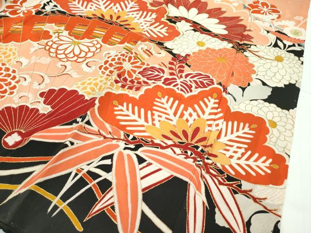 平和屋本店●極上 アンティーク 振袖 相良刺繍 駒刺繍 飛鶴檜扇草花文 黒地 金彩 逸品 CZAA1758s5