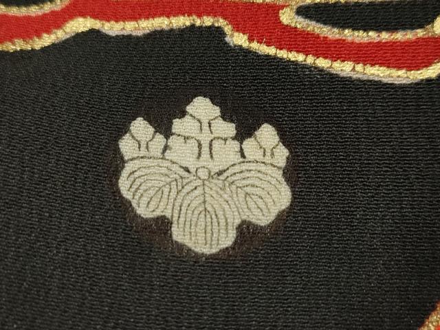 平和屋本店●極上 アンティーク 振袖 相良刺繍 駒刺繍 飛鶴檜扇草花文 黒地 金彩 逸品 CZAA1758s5