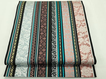 平和屋本店●極上 本場筑前博多織 八寸名古屋帯 草花間道 黒地 逸品 CZAA1794s5