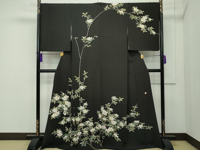 平和屋本店■極上　名門染元　秀美　十日町友禅　訪問着　枝花文　黒地　反端付き　逸品　CZAA1838s5
