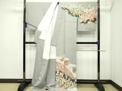 平和屋本店■極上　京友禅の第一人者　松井青々　訪問着　駒刺繍　草花丸文　金銀彩　茶鼠色地　逸品　CZAA1891s5
