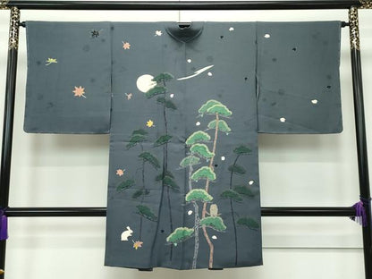 平和屋本店■極上　長羽織　作家物　梟　兎　満月　松　藍墨茶色地　逸品　未使用　CZAA1898s5