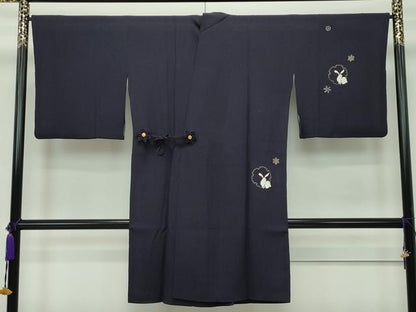 平和屋本店■極上　道中着　ロング丈　刺繍　雪輪兎文　金彩　黒紅色地　逸品　CZAA1900s5