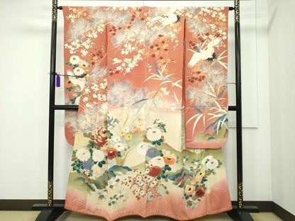 平和屋本店■極上　アンティーク　大正ロマン　振袖　刺繍　飛鶴花松文　金糸　逸品　CZAA1911s5