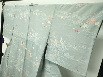 平和屋本店■極上　洗える最高級着物　＜英＞はなぶさ謹製　小紋　立波草花文　豆がら茶色地　逸品　CZAA1912s5