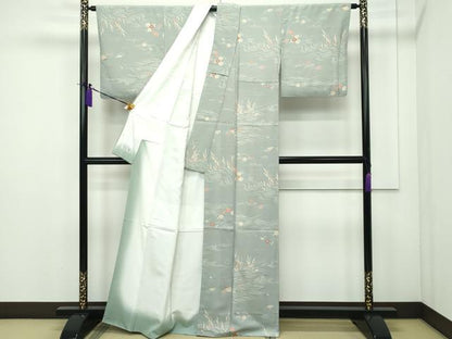 平和屋本店■極上　洗える最高級着物　＜英＞はなぶさ謹製　小紋　立波草花文　豆がら茶色地　逸品　CZAA1912s5