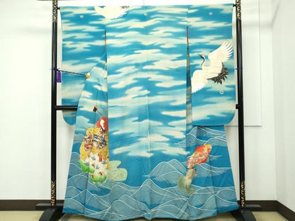 平和屋本店■極上　アンティーク　大正ロマン　振袖　駒刺繍　人物　飛鶴　蓑亀　暈し染め　金糸　逸品　CZAA1925s5