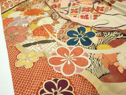 平和屋本店●極上 アンティーク 大正ロマン お引きずり・お引き摺り・引き振袖 駒刺繍 几帳吉祥草花文 暈し染め 金彩 逸品 CZAA1926s5