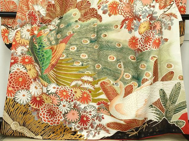 平和屋本店■極上　アンティーク　大正ロマン　振袖　駒刺繍　孔雀花文　金彩　逸品　CZAA1927s5