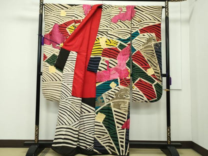 平和屋本店■極上　アンティーク　大正ロマン　振袖　手刺繍　駒刺繍　立波飛鶴紋　黒地　金彩　逸品　CZAA1929s5