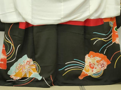 平和屋本店■極上　アンティーク　大正ロマン　振袖　駒刺繍　檜扇草花文　黒地　金彩　逸品　CZAA1930s5