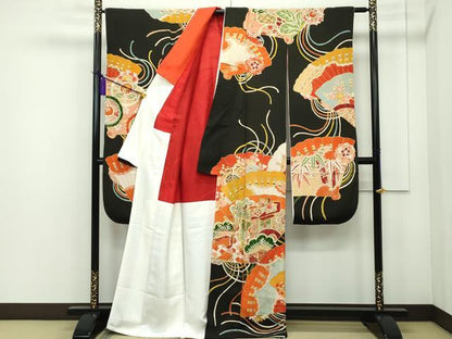 平和屋本店■極上　アンティーク　大正ロマン　振袖　駒刺繍　檜扇草花文　黒地　金彩　逸品　CZAA1930s5
