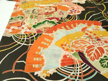 平和屋本店■極上　アンティーク　大正ロマン　振袖　駒刺繍　檜扇草花文　黒地　金彩　逸品　CZAA1930s5