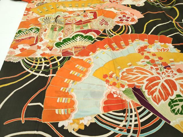 平和屋本店■極上　アンティーク　大正ロマン　振袖　駒刺繍　檜扇草花文　黒地　金彩　逸品　CZAA1930s5