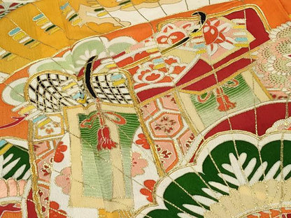 平和屋本店■極上　アンティーク　大正ロマン　振袖　駒刺繍　檜扇草花文　黒地　金彩　逸品　CZAA1930s5