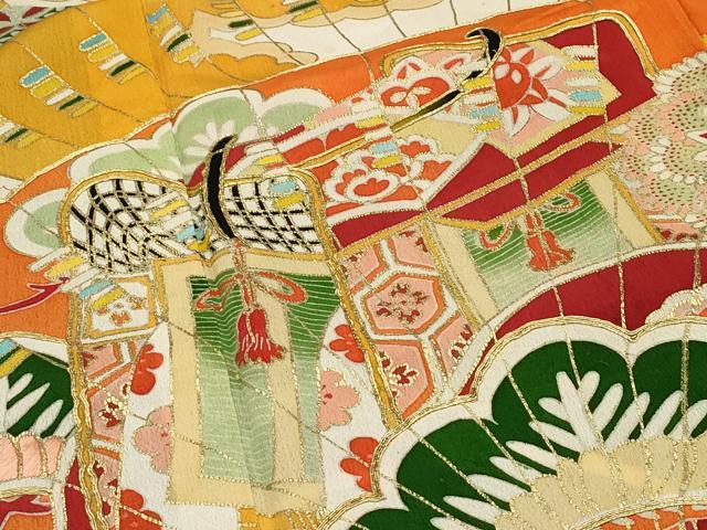 平和屋本店■極上　アンティーク　大正ロマン　振袖　駒刺繍　檜扇草花文　黒地　金彩　逸品　CZAA1930s5