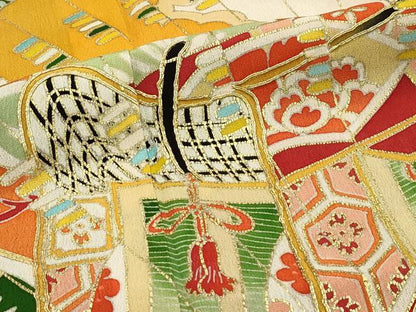 平和屋本店■極上　アンティーク　大正ロマン　振袖　駒刺繍　檜扇草花文　黒地　金彩　逸品　CZAA1930s5