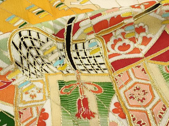 平和屋本店■極上　アンティーク　大正ロマン　振袖　駒刺繍　檜扇草花文　黒地　金彩　逸品　CZAA1930s5