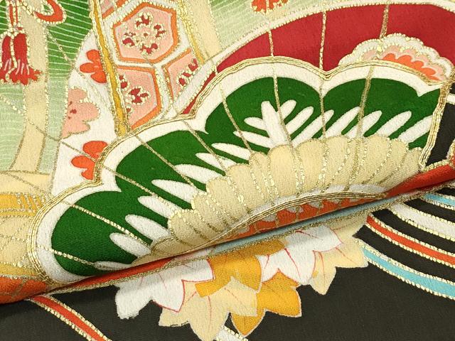 平和屋本店■極上　アンティーク　大正ロマン　振袖　駒刺繍　檜扇草花文　黒地　金彩　逸品　CZAA1930s5