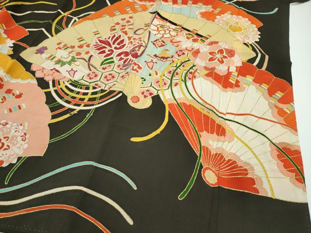 平和屋本店■極上　アンティーク　大正ロマン　振袖　駒刺繍　檜扇草花文　黒地　金彩　逸品　CZAA1930s5