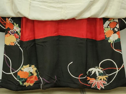 平和屋本店■極上　アンティーク　大正ロマン　振袖　駒刺繍　檜扇鼓吉祥文　黒地　金彩　逸品　CZAA1931s5