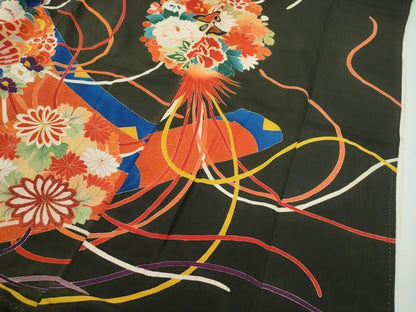 平和屋本店■極上　アンティーク　大正ロマン　振袖　駒刺繍　檜扇鼓吉祥文　黒地　金彩　逸品　CZAA1931s5