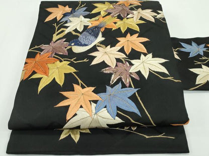平和屋本店■極上　アンティーク　大正ロマン　九寸名古屋帯　総手刺繍　休み鳥　楓　黒地　金糸　逸品　CZAA1990s5