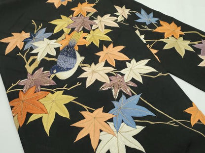 平和屋本店■極上　アンティーク　大正ロマン　九寸名古屋帯　総手刺繍　休み鳥　楓　黒地　金糸　逸品　CZAA1990s5