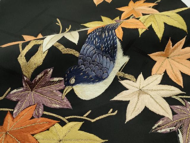 平和屋本店■極上　アンティーク　大正ロマン　九寸名古屋帯　総手刺繍　休み鳥　楓　黒地　金糸　逸品　CZAA1990s5