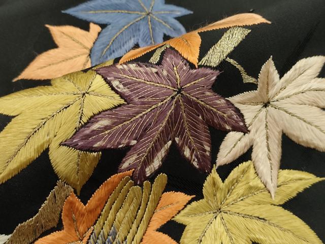 平和屋本店■極上　アンティーク　大正ロマン　九寸名古屋帯　総手刺繍　休み鳥　楓　黒地　金糸　逸品　CZAA1990s5